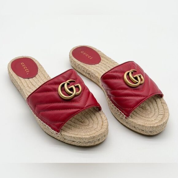 Gucci Shoes - Gucci Pilar GG Marmont Leather Espadrille Slide Sandals Red Matelassé EU 38 US 8